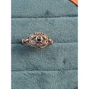 Sterling Silver Onyx Marcasite Ring 925 sz 6.25 Vintage Gothic Oval Gem Gift